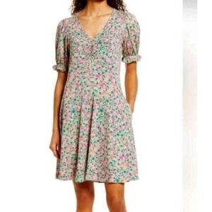 Boden green and pink  floral short puffy sleeve knee length dress womens size 6P